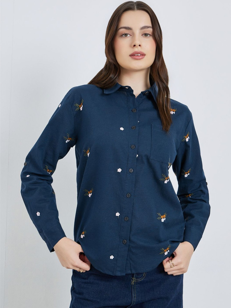 Styli Women Navy Blue Floral Embroidered Spread Collar Roll-Up Sleeves Cotton Casual Shirt