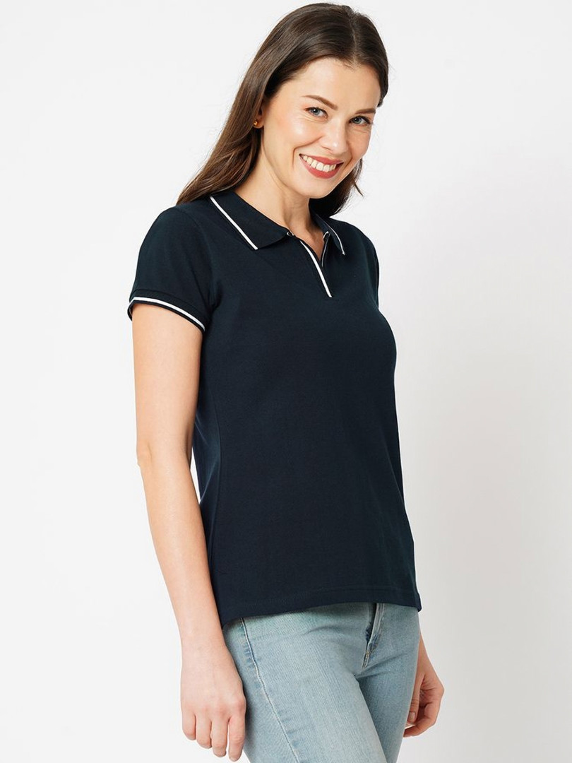 Wear Your Opinion Women Tipped Polo Collar Neck Half Sleeve T-shirt