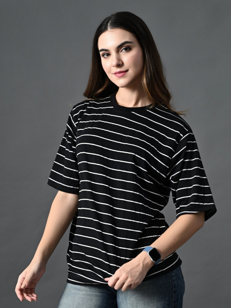 CORSICA Women Bio Finish Striped Round Neck Cotton Relaxed Fit T-shirt