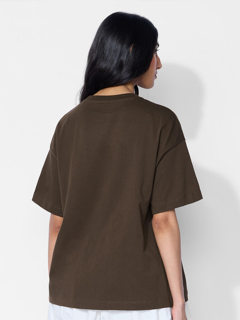 The Souled Store Women Oversized Fit Printed Brown T-Shirts