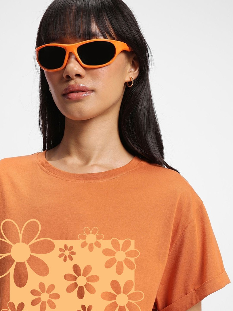 Bewakoof Women Caramel Orange Vibe Garden Graphic Printed Boyfriend T-shirt