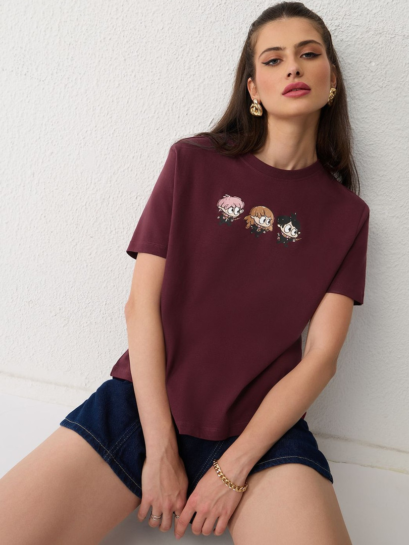 The Souled Store Women Printed Drop-Shoulder Sleeves T-shirt