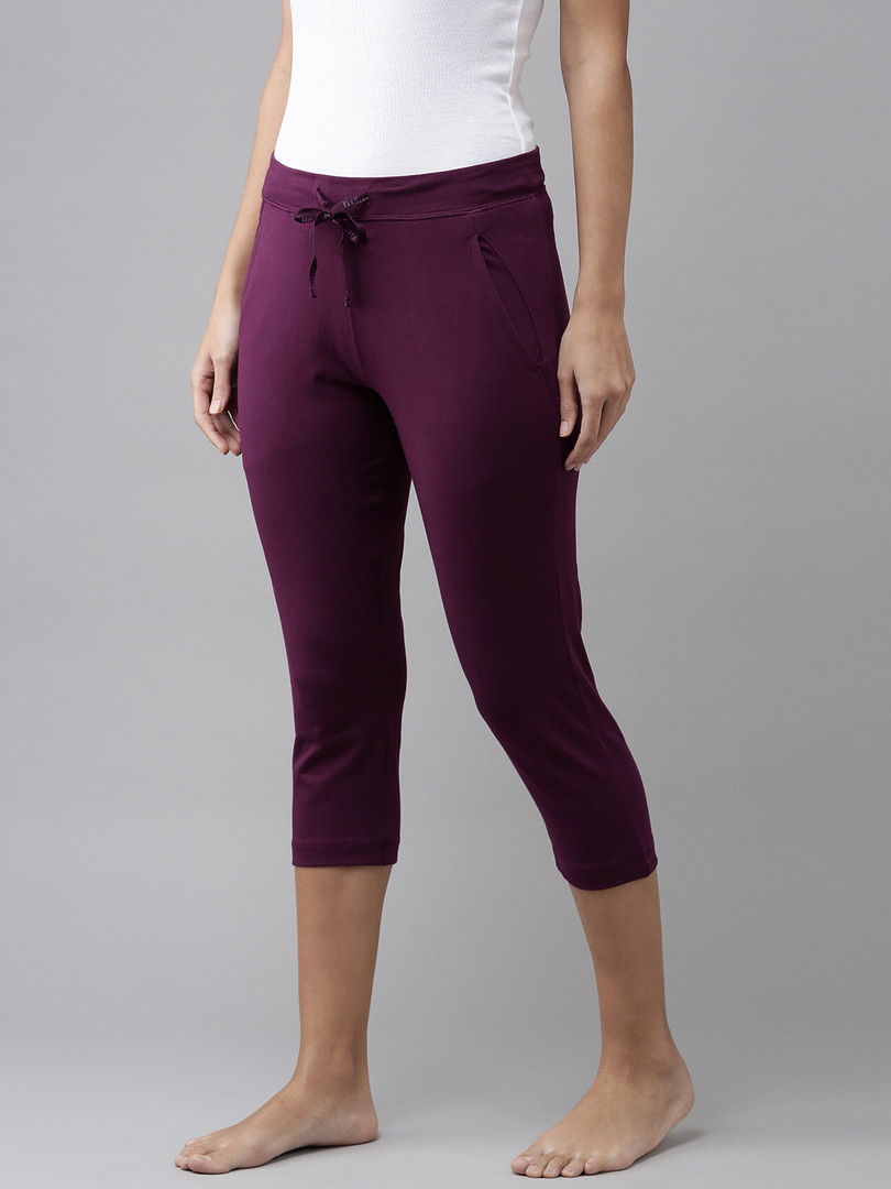 Van Heusen Women Potent Purple Solid Smart Tech Easy Stain Release Lounge Capris