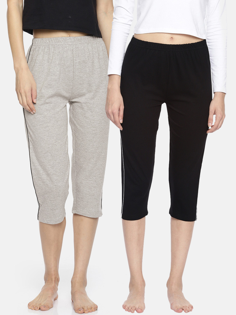 Espresso Women Pack of 2 Grey & Black Solid Capris ESP-4000-CAPRI-2-GMB
