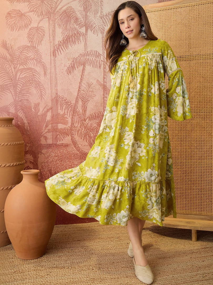 White World Girls Floral Printed Round-Neck Fit-Flared Ethnic Dresses