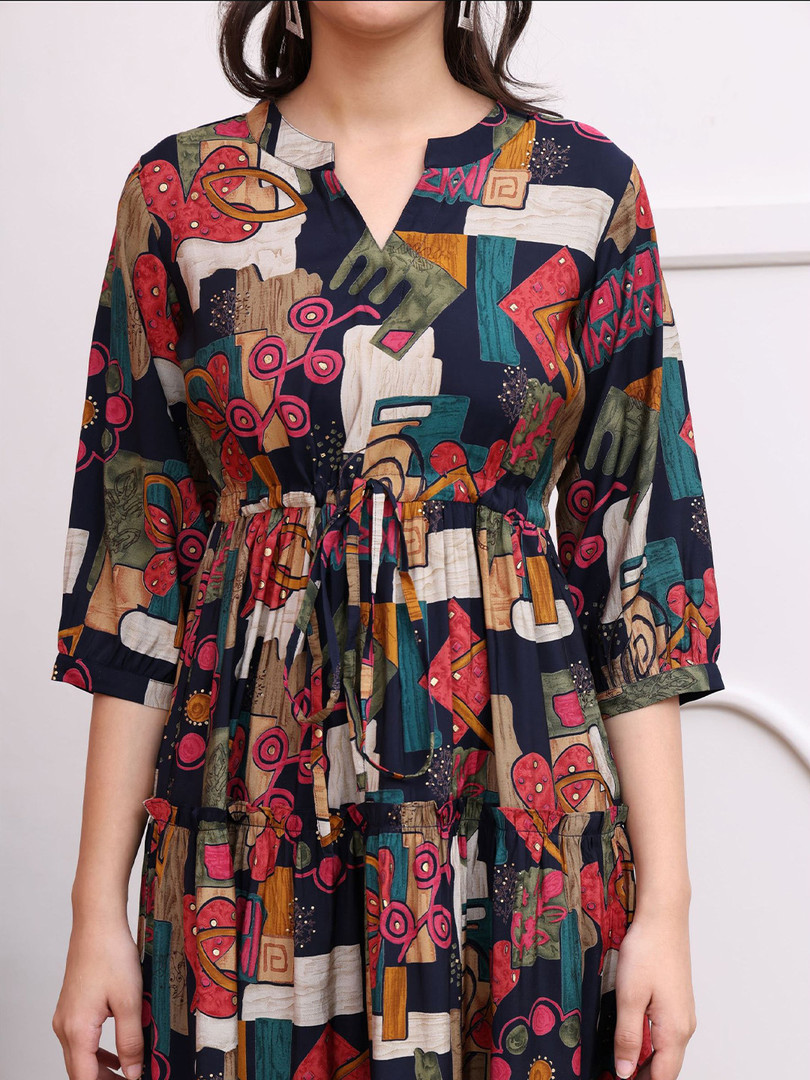Claura Women Abstract Printed Mandarin Collar A-Line Dress