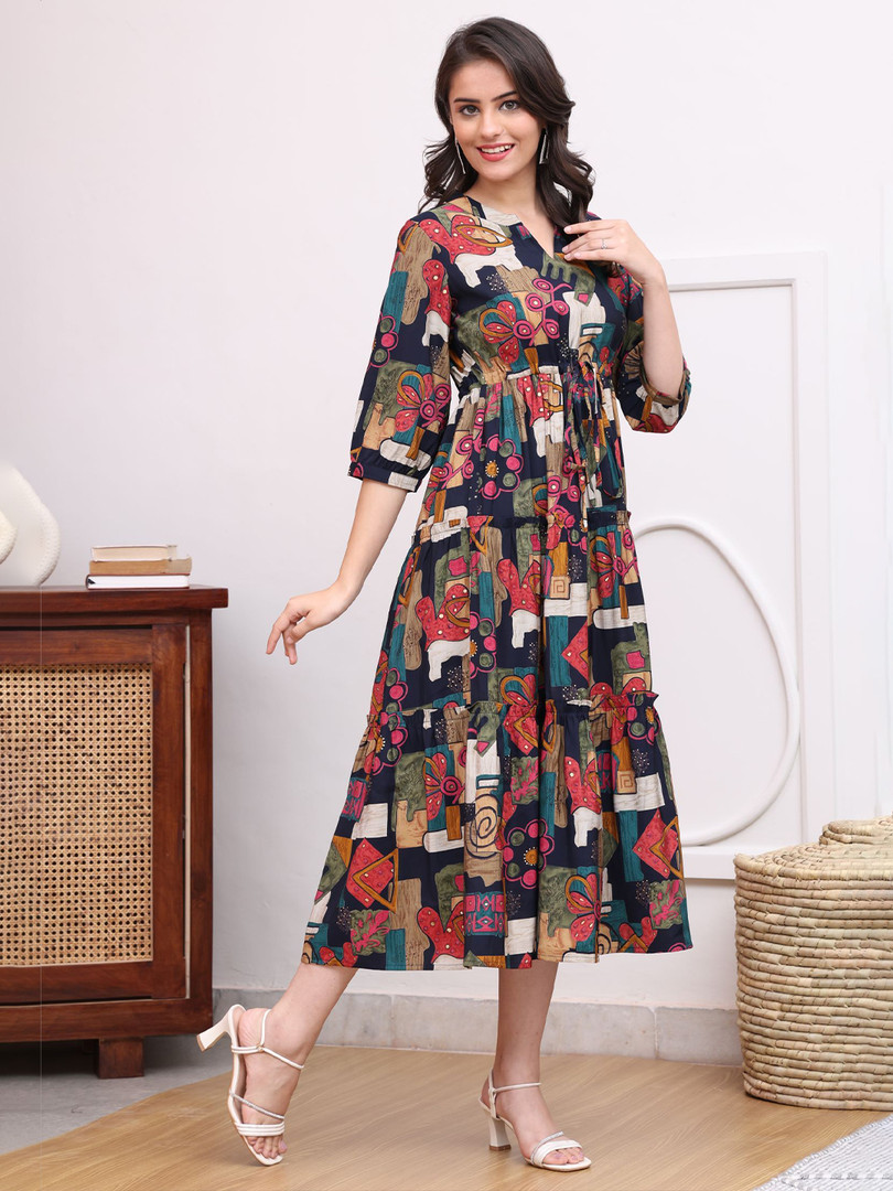 Claura Women Abstract Printed Mandarin Collar A-Line Dress
