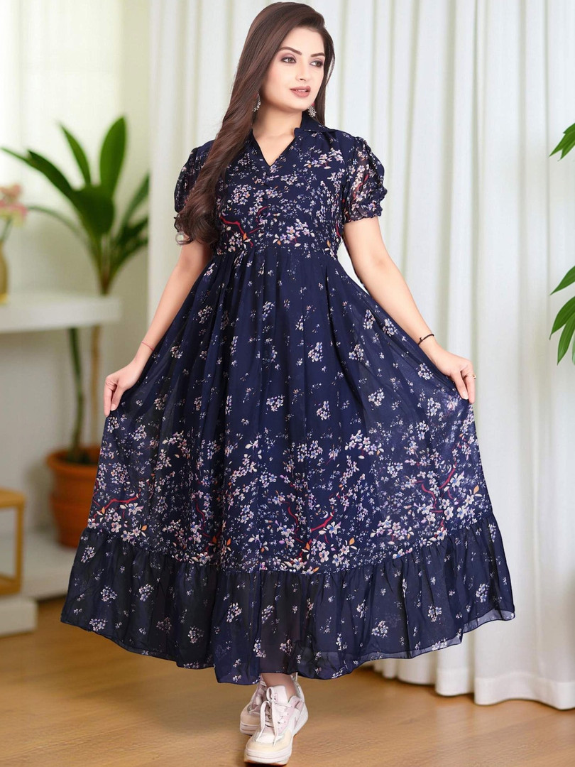 QENA Floral Print Puff Sleeve Ruffled Georgette A-Line Maxi Dress