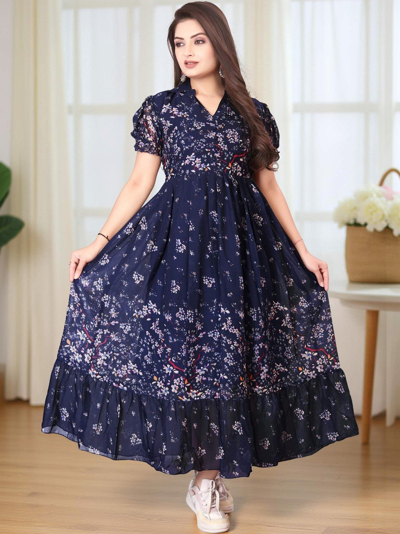 QENA Floral Print Puff Sleeve Ruffled Georgette A-Line Maxi Dress