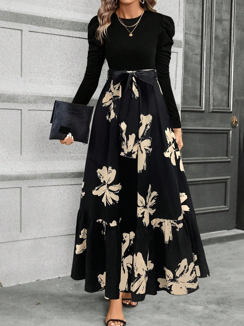 SHYAM SUNDARI Floral Print Puff Sleeve Fit & Flare Maxi Dress