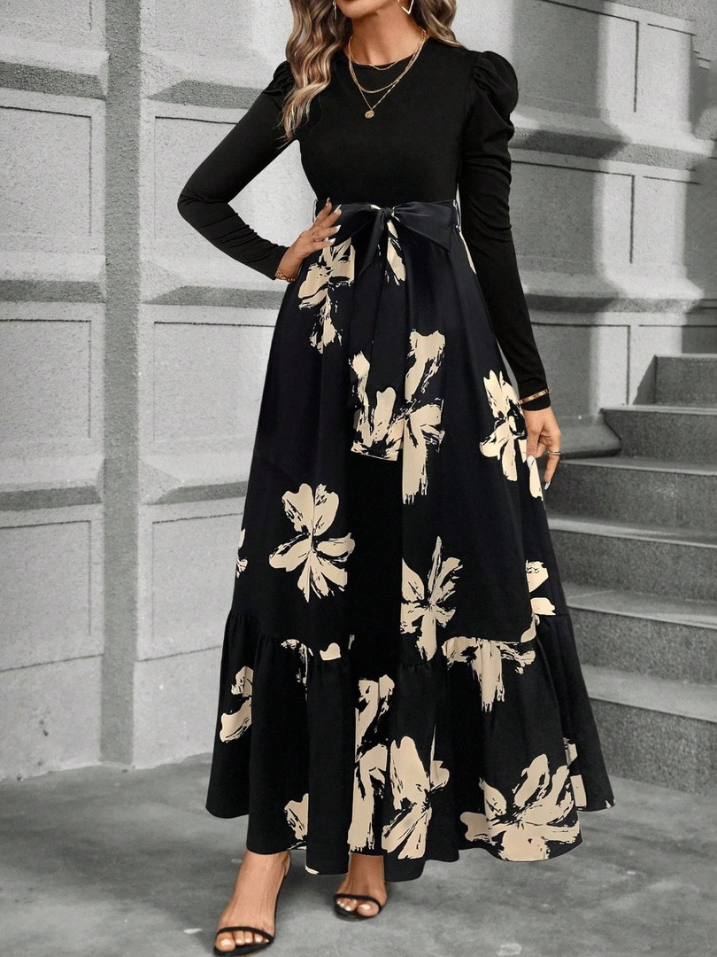 SHYAM SUNDARI Floral Print Puff Sleeve Fit & Flare Maxi Dress