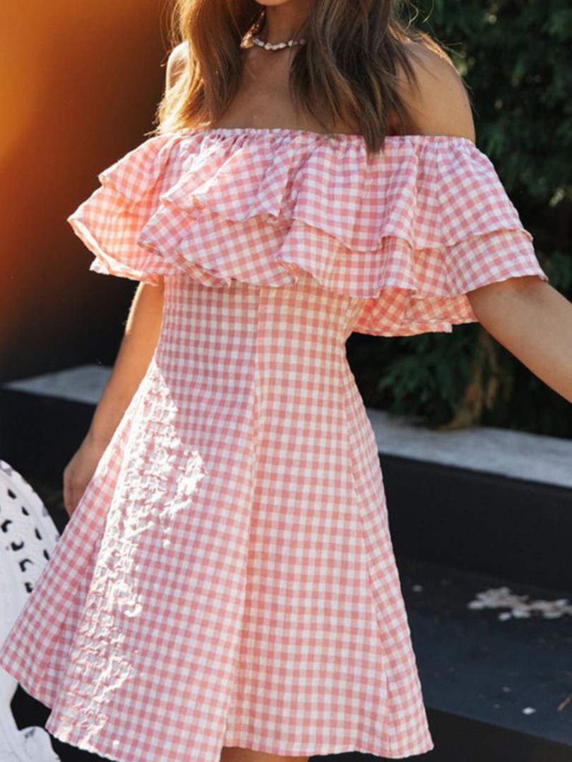 StyleCast Pink Checked Off-Shoulder Fit & Flare Dress