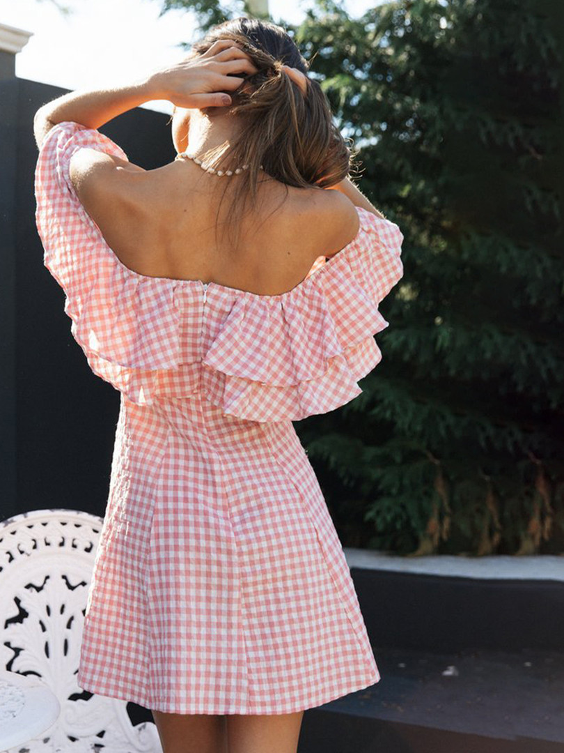 StyleCast Pink Checked Off-Shoulder Fit & Flare Dress