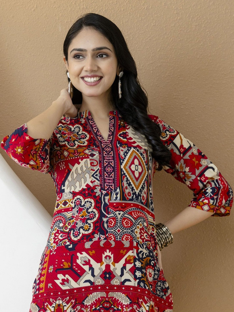 KALINI Printed Mandarin Collar Neck Tunic With Palazzo Co-Ords