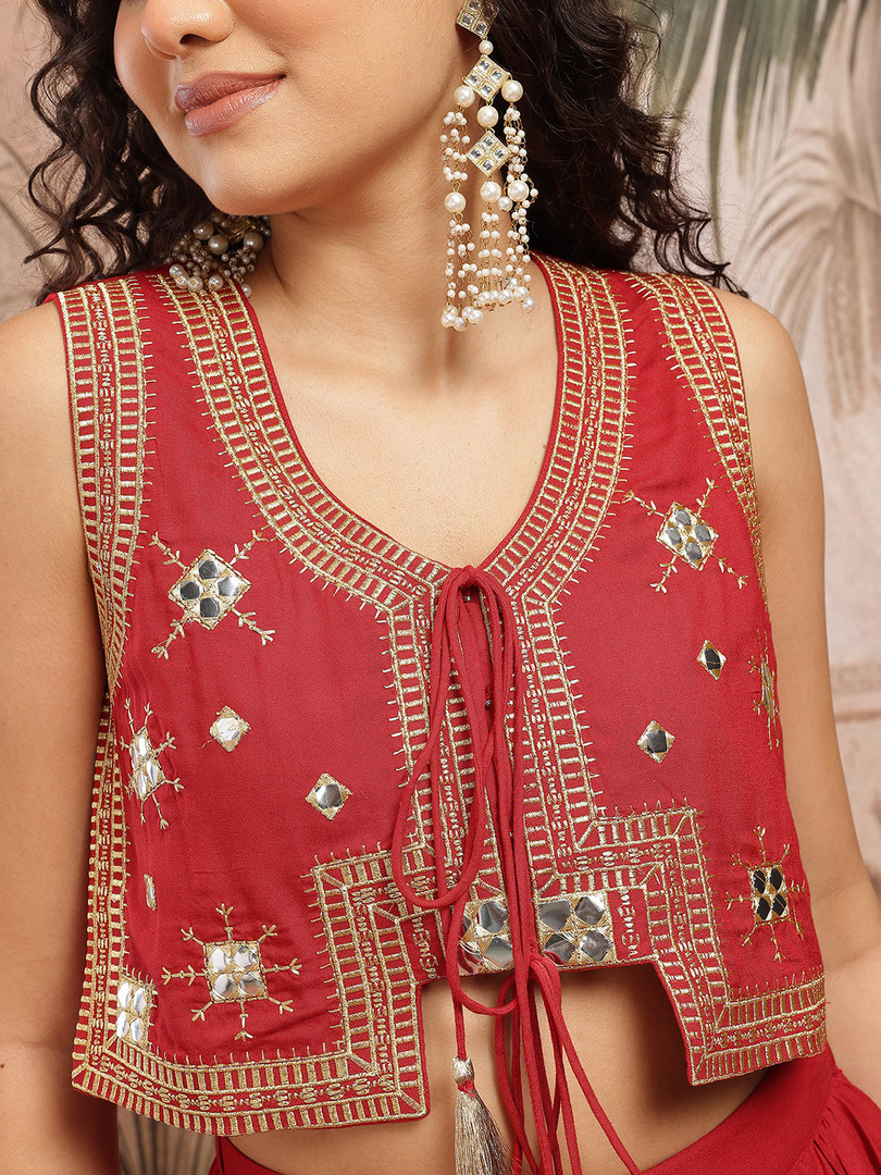 Sangria Zari Embroidered Tie-Up Neck Ready to Wear Lehenga Choli