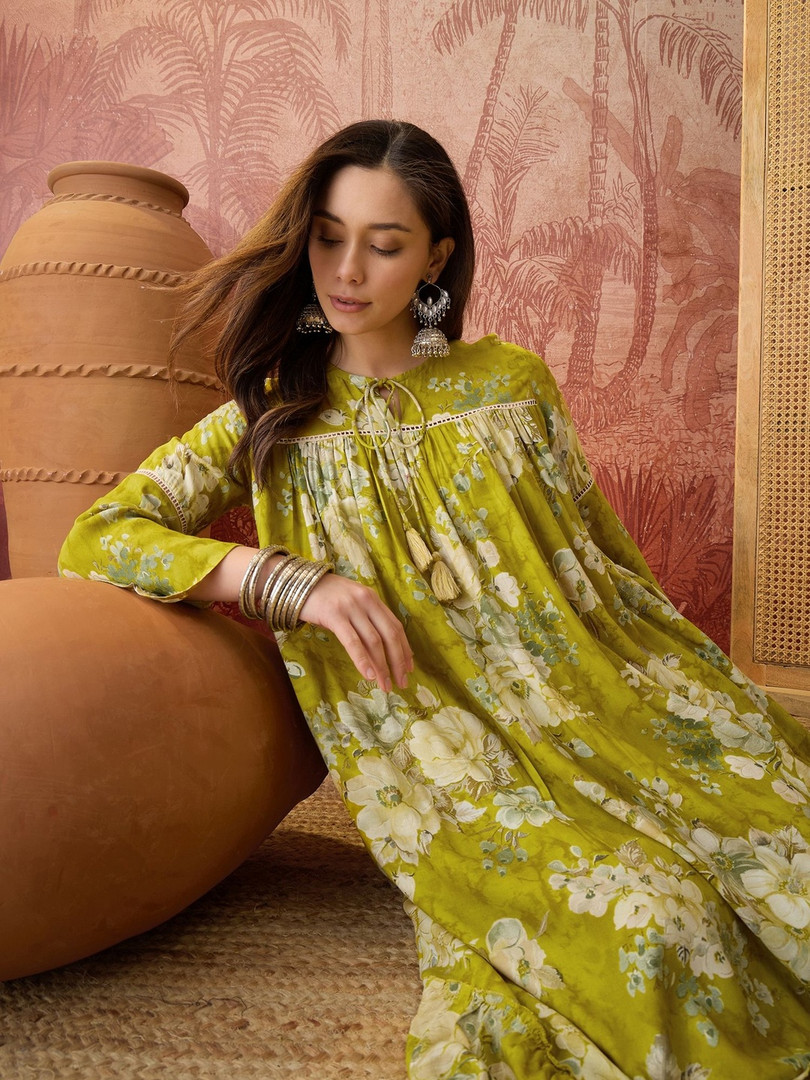 ethnic Sangria Floral Printed Tie-Up Neck Empire Ethnic Dress