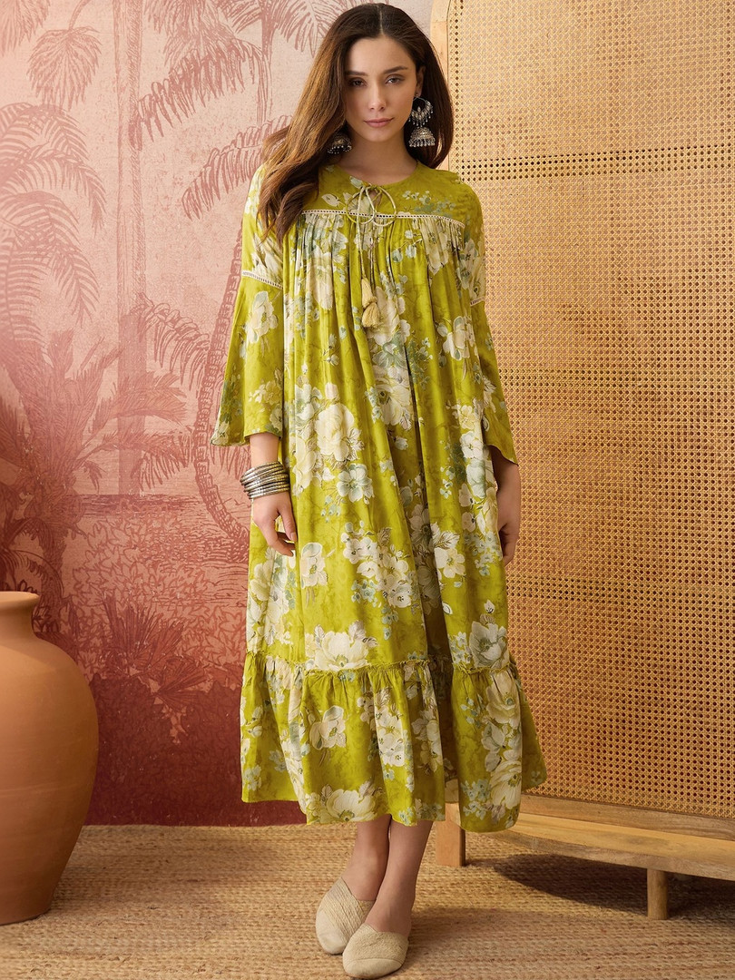 Sangria Floral Printed Tie-Up Neck Empire Ethnic Dress