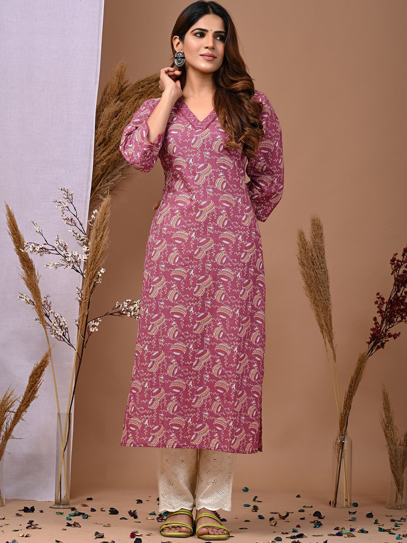 Rimeline Ethnic Motifs Printed Pure Cotton Straight Kurta