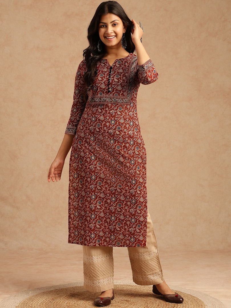 SZN Women Brown Floral Printed With Lace Work Straight Cotton Brown Stitched Kurta