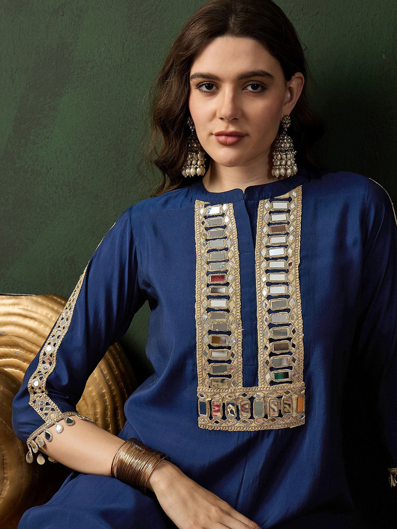 Sangria Embellished Mirror Work Roman Silk Tunic With Dhoti Pant