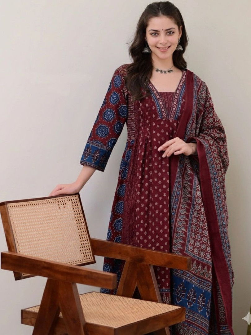 KALINI Floral Printed Square Neck Anarkali Kurta With Palazzos & Dupatta