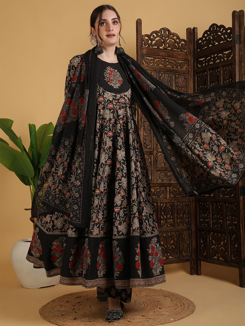 KIMAYRA Floral Printed Anarkali Pure Cotton Kurta With Palazzos And Dupatta