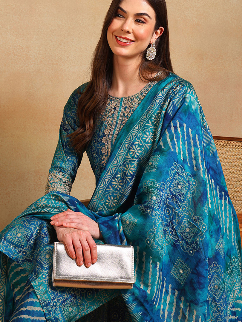 KALINI Ethnic Motifs Printed Thread Work Straight Kurta With Trouser & Dupatta