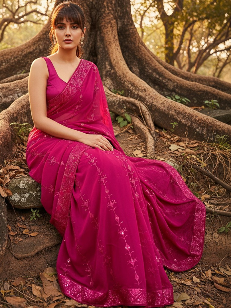 FABLAND Magenta Georgette Sequin Embroidery Sarees