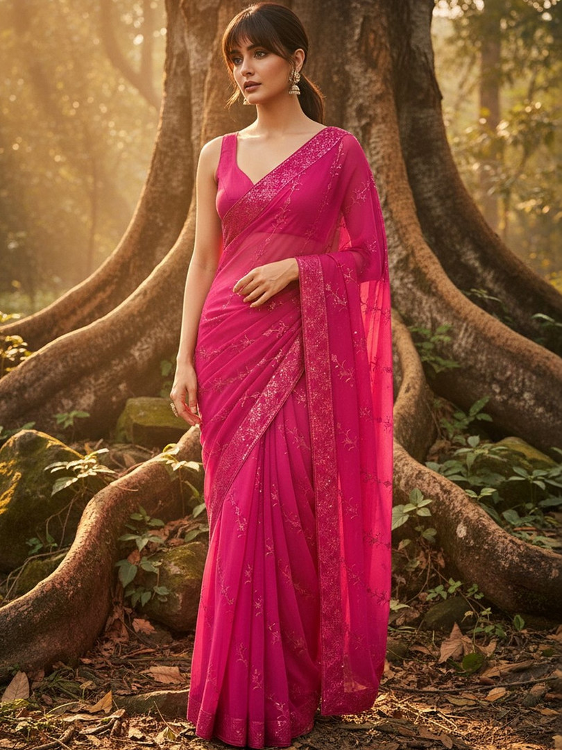 FABLAND Magenta Georgette Sequin Embroidery Sarees