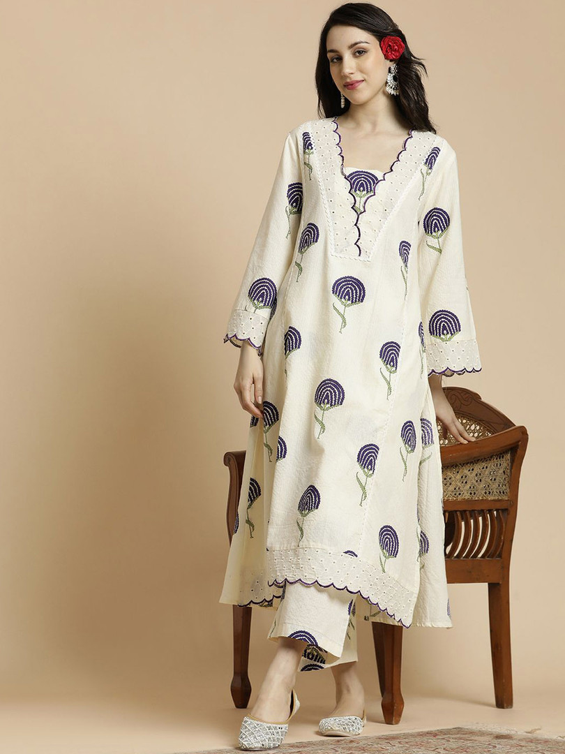 Anouk Floral Printed Bell Sleeves Schiffli Work Pure Cotton A-Line Kurta With Palazzos