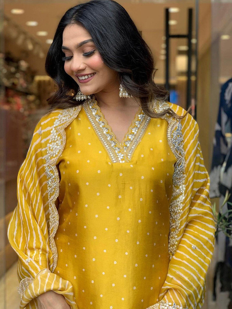 Royal Export Bandhani Printed Gotta Patti Work Chanderi Kurta With Trousers & Dupatta