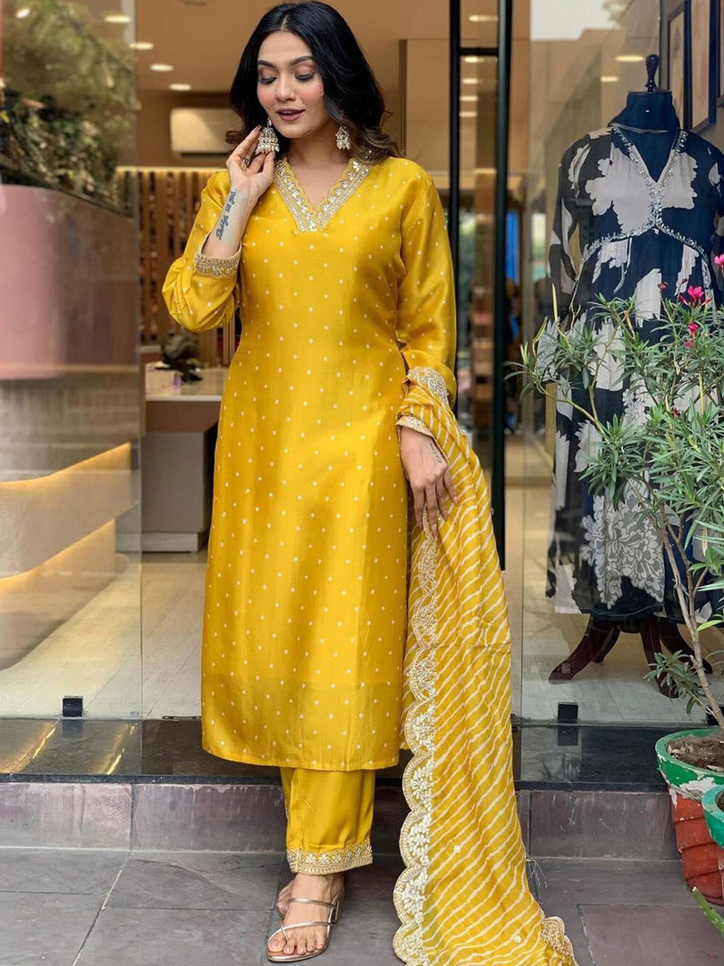Royal Export Bandhani Printed Gotta Patti Work Chanderi Kurta With Trousers & Dupatta