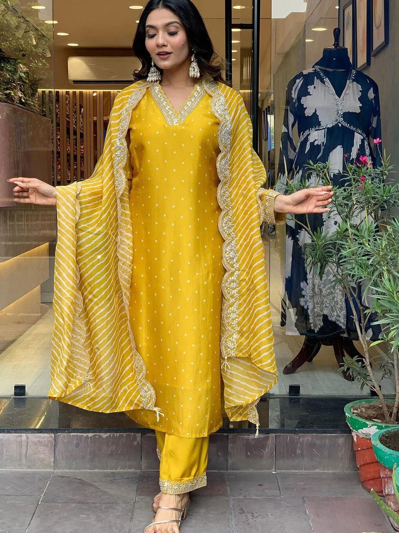 Royal Export Bandhani Printed Gotta Patti Work Chanderi Kurta With Trousers & Dupatta