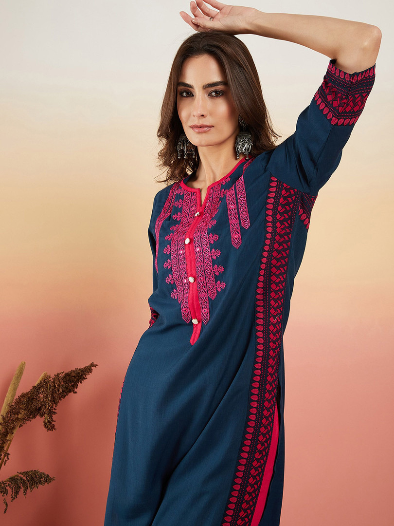 ethnic Sangria Navy Blue Ethnic Motifs Embroidered Thread Work Straight Kurta