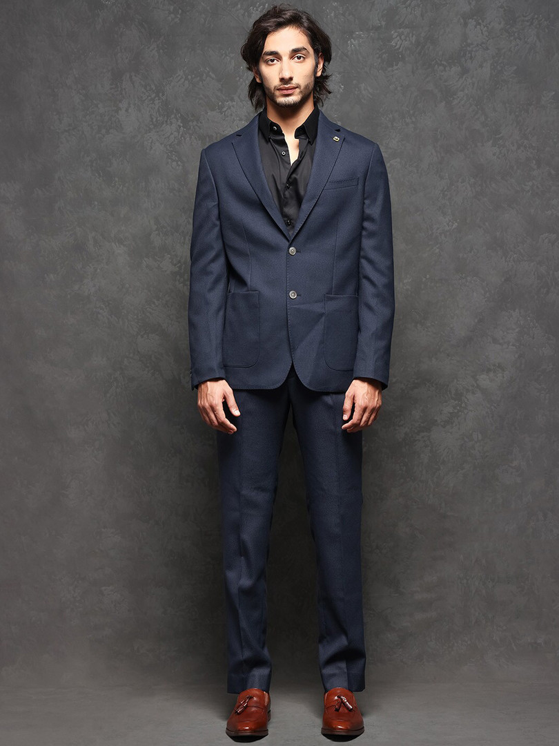 formal-suit RARE RABBIT Men Navy Plain Polyester Full Sleeve Lapel Neck Tailored Fit Suits