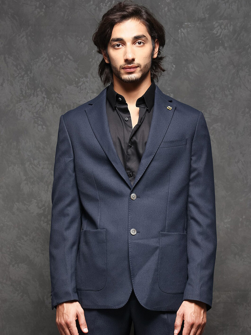 RARE RABBIT Men Navy Plain Polyester Full Sleeve Lapel Neck Tailored Fit Suits