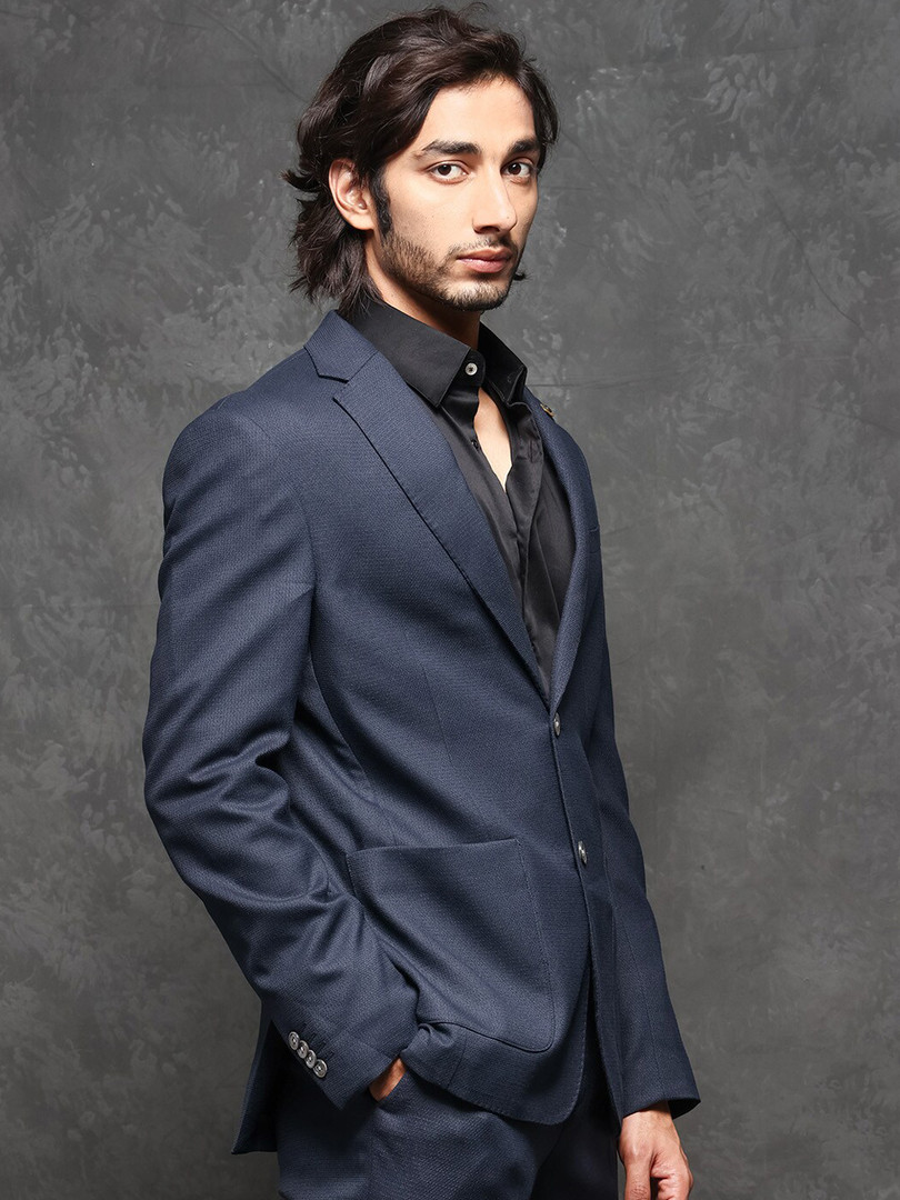 RARE RABBIT Men Navy Plain Polyester Full Sleeve Lapel Neck Tailored Fit Suits