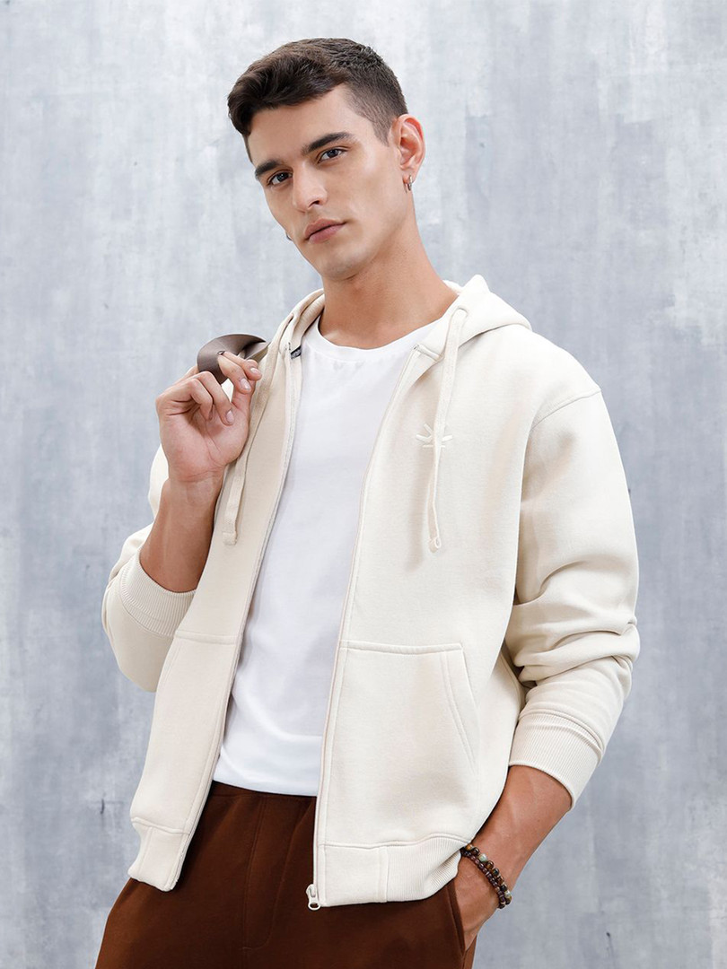 WROGN Men Solid Hooded Front Open Sweatshirt