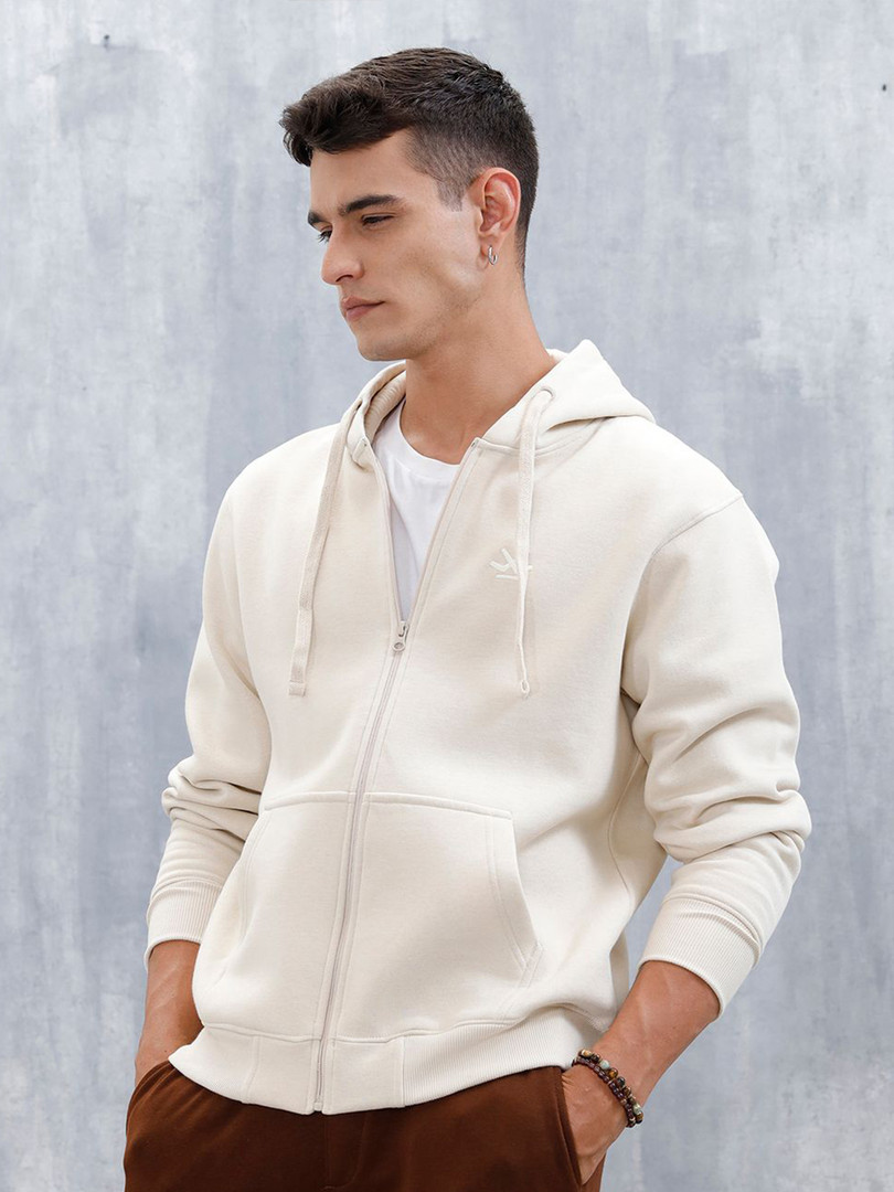 WROGN Men Solid Hooded Front Open Sweatshirt