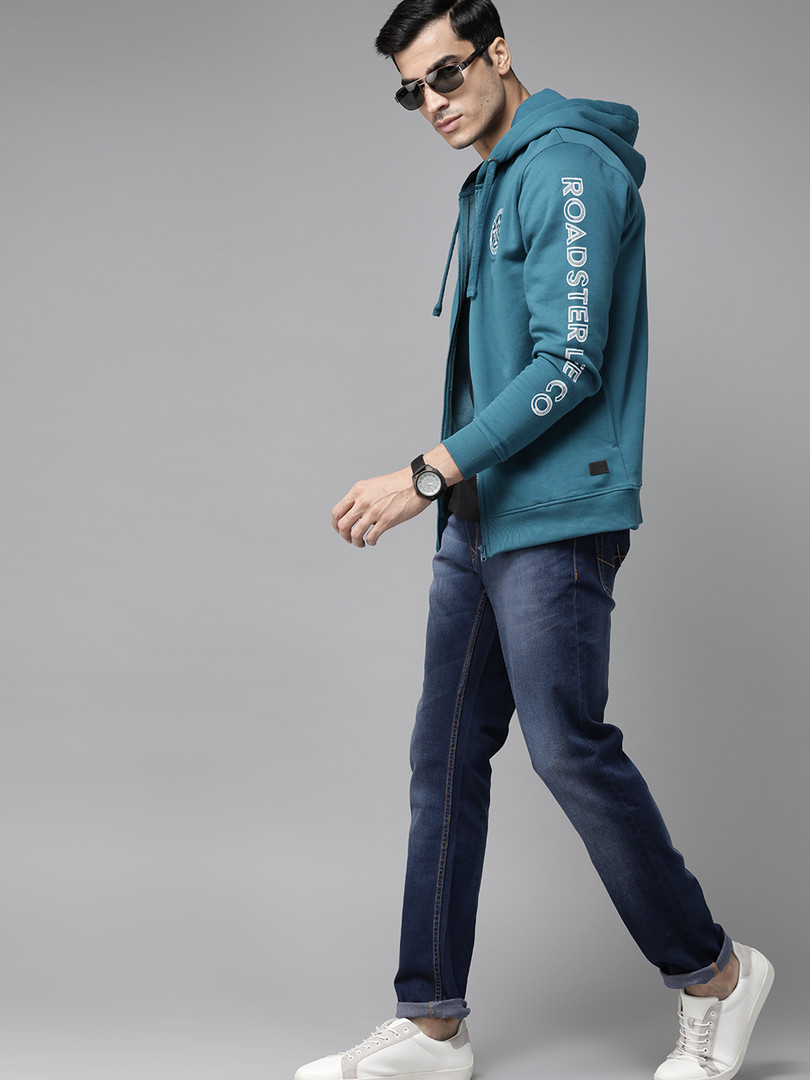 hoodies Roadster Men Teal Blue Solid Hooded Sweatshirt