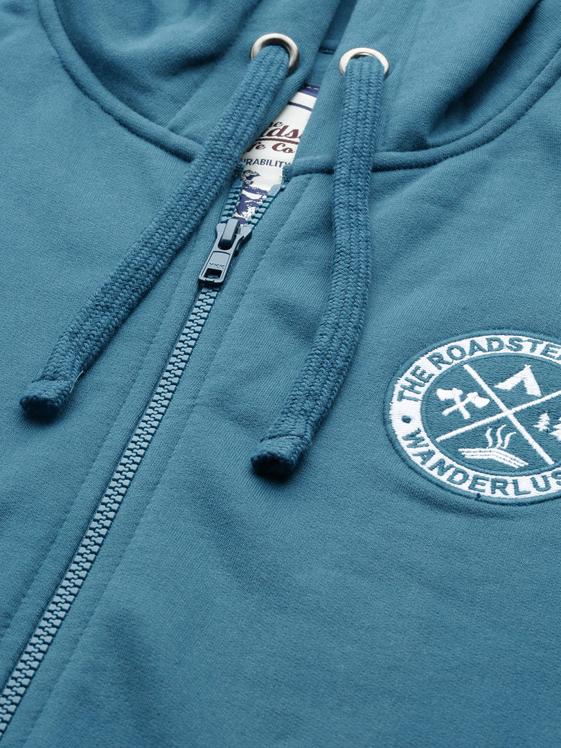 Roadster Men Teal Blue Solid Hooded Sweatshirt