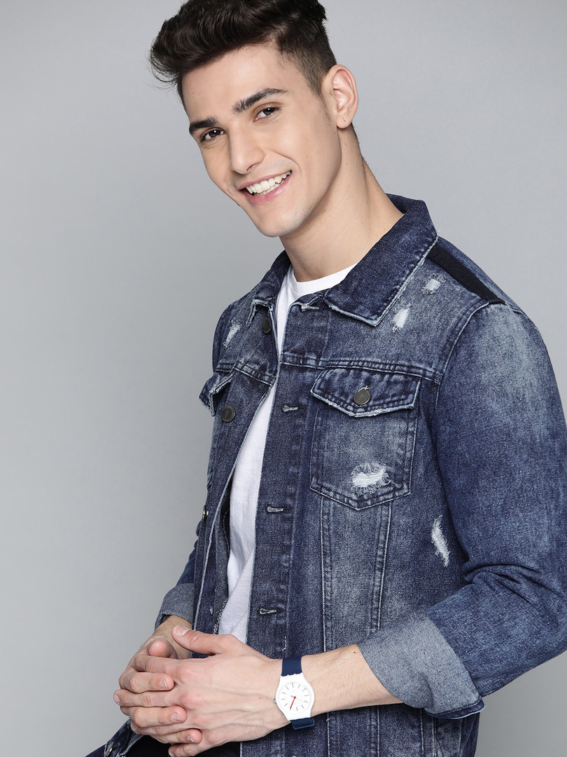 Mast & Harbour Men Navy Pure Cotton Washed Denim Jacket