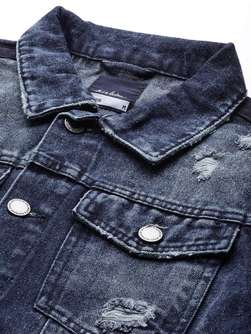 Mast & Harbour Men Navy Pure Cotton Washed Denim Jacket