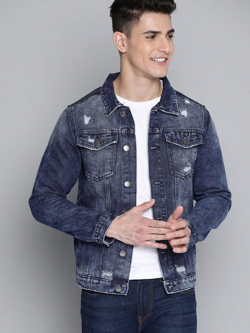 Mast & Harbour Men Navy Pure Cotton Washed Denim Jacket