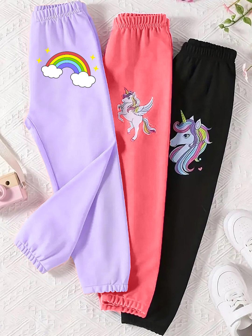 kids KEESOR Girls Pack of 3 Printed Cotton Track Pants