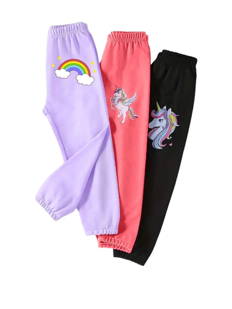 KEESOR Girls Pack of 3 Printed Cotton Track Pants