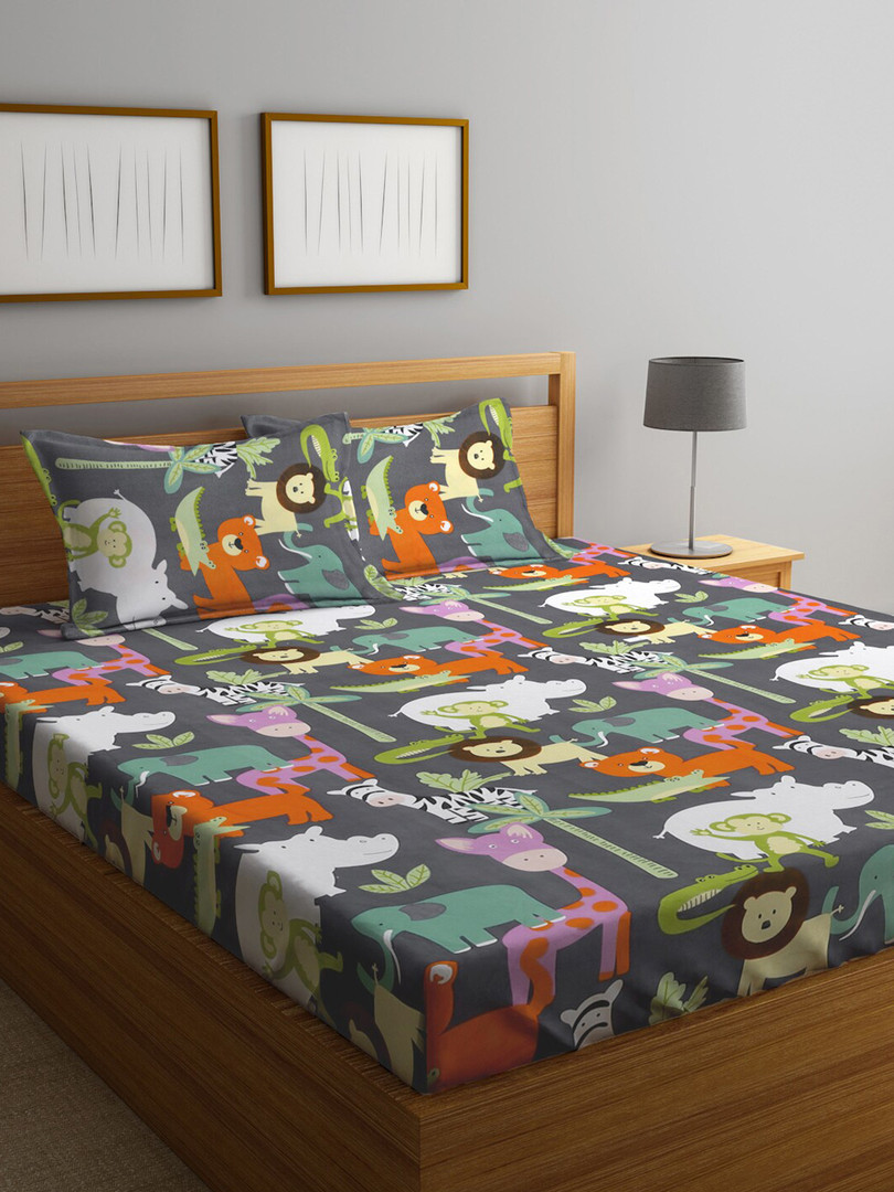 kids KLOTTHE Sacred Shells Grey Animal Polycotton 300 TC Fitted King Fine Bedsheet with 2 Pillow Covers-98 x 89 inches