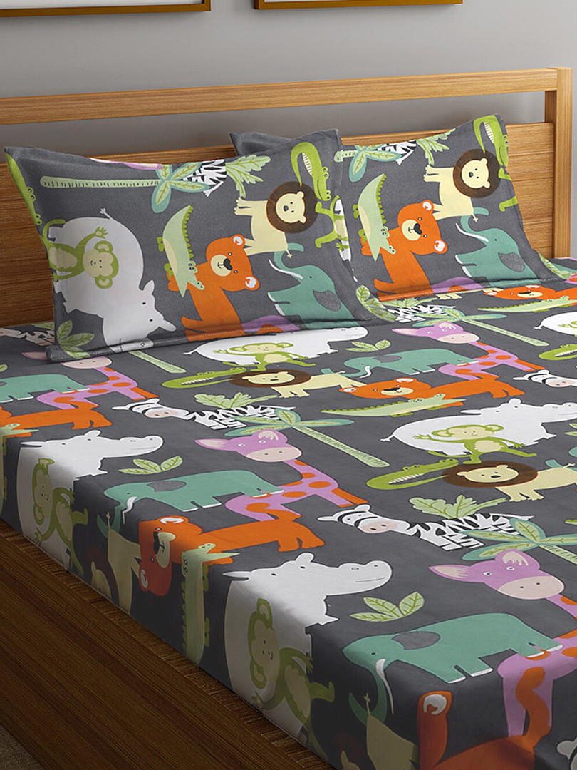 KLOTTHE Sacred Shells Grey Animal Polycotton 300 TC Fitted King Fine Bedsheet with 2 Pillow Covers-98 x 89 inches