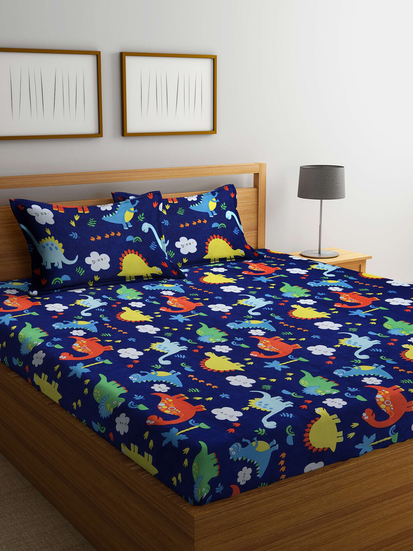 kids KLOTTHE Navy Blue Graphic Cotton 300 TC King Fine Bedsheet with 2 Pillow Covers-98 x 89 inches