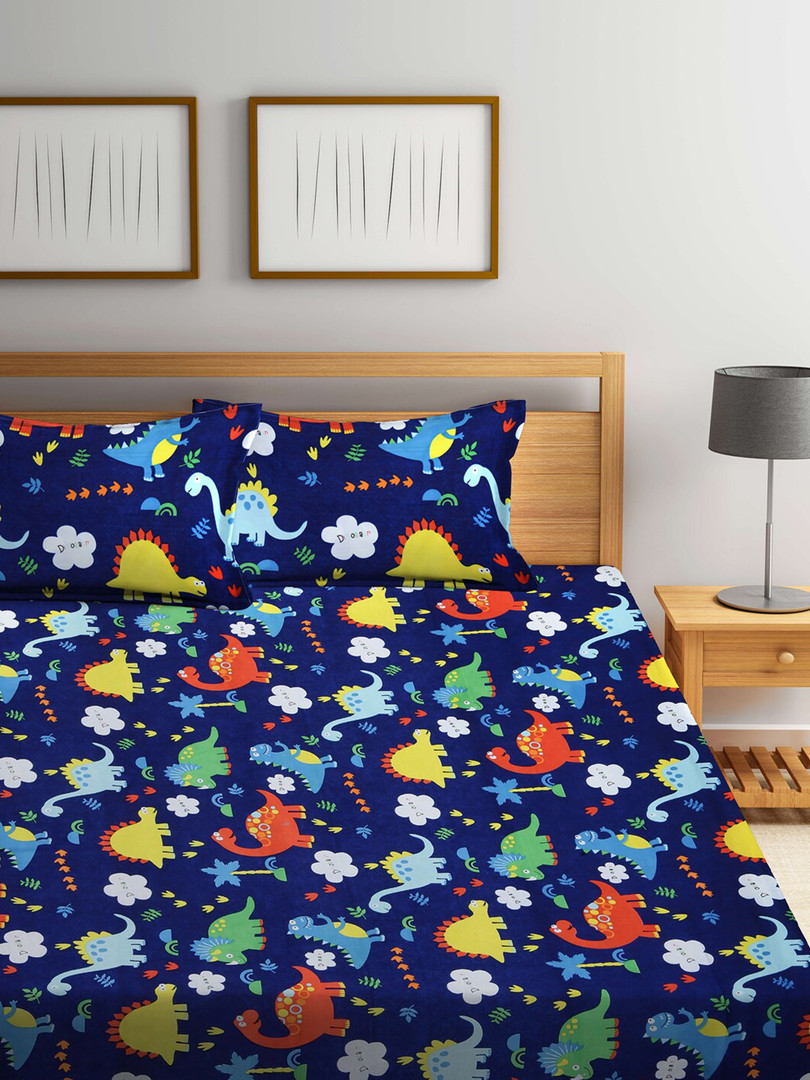 KLOTTHE Navy Blue Graphic Cotton 300 TC King Fine Bedsheet with 2 Pillow Covers-98 x 89 inches